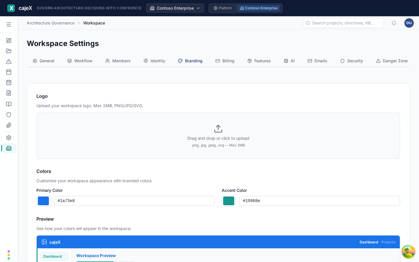 Workspace branding settings showing logo upload, primary and accent colour pickers, and live workspace preview