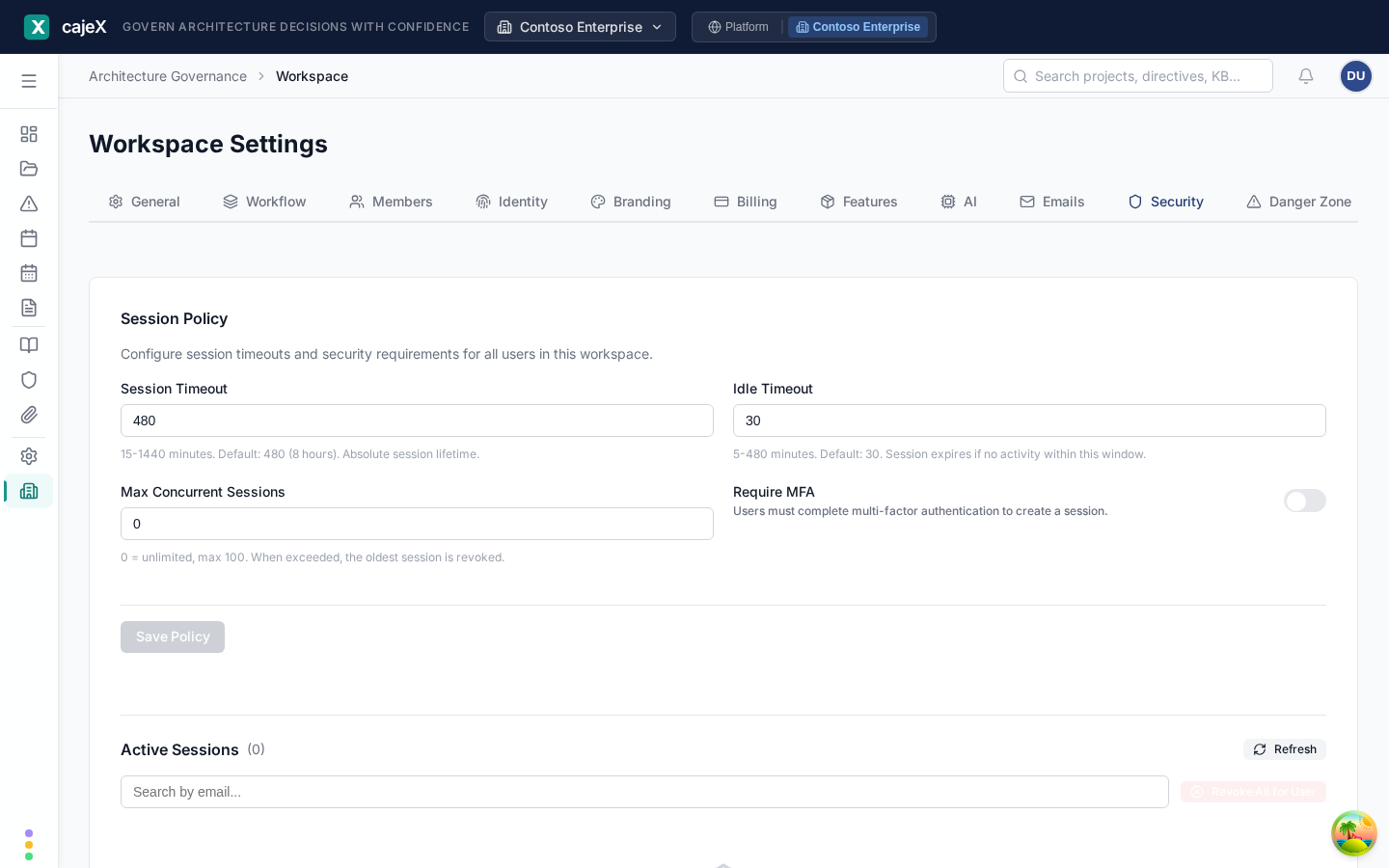 Workspace security settings showing session policy, MFA requirement, and active sessions